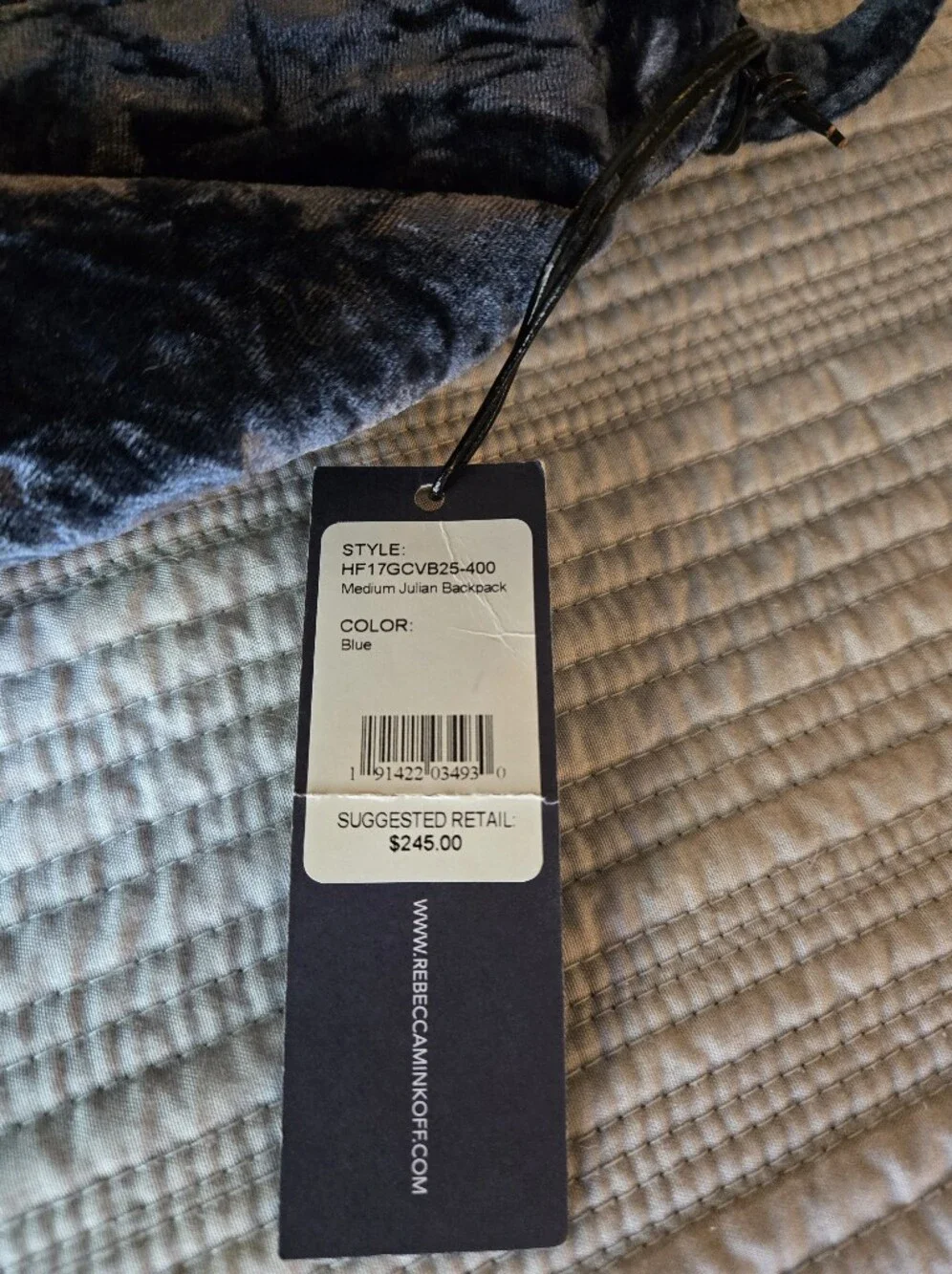 Rebecca Minkoff Dark Blue Velvet Mini Backpack with Gold Zippers